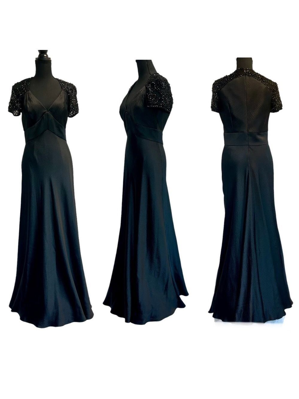 Badgley Mischka black beaded lace short sleeve silk formal evening gown 8 NWOT - Picture 1 of 17